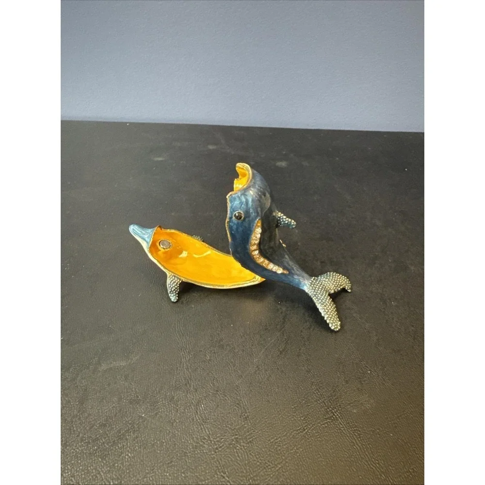 Enamel Trinket Box‎ Blue Dolphin Porpoise Fish Rhinestones Ocean Beach 3 1/2